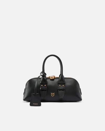 Pinko Bowling Bag Horizontal Black Handbag With Adjustable And Removable Shoulder Strap And Padlock Detail