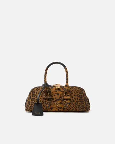 Pinko Suede Bowling Shoulder Bag Animal Print Handle In Brown