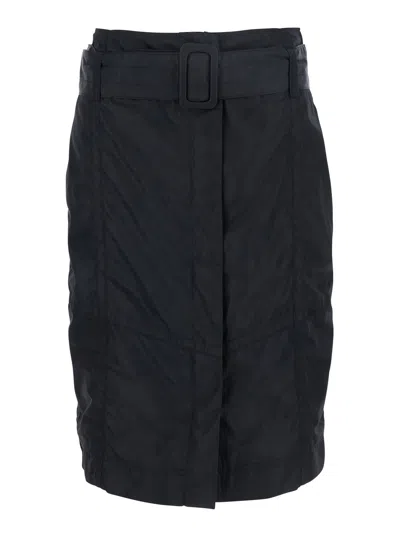 PINKO BLACK PENCIL SKIRT WITH ADJUSTABLE BELT WITH BUCKLE AND GEOMETRIC STITCHING IN TECH FABRIC WOMAN