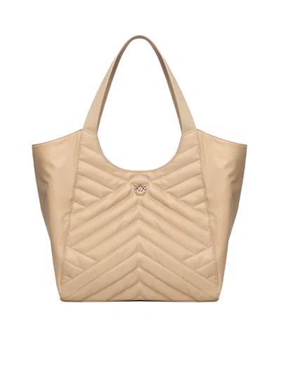 Pinko Shopper Bag In Puzzle-quilted Recycled Fabric In Beige-smoke Grey-antique Gold