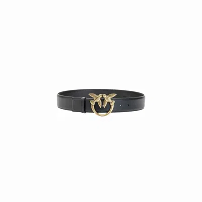 Pinko Black Belt With Love Birds Diamond Cut Detail In Hammered Leather Woman