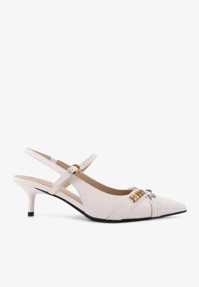 Pinko Gloria 18 Leather Pump With Metal Lettering Detail In Neutral