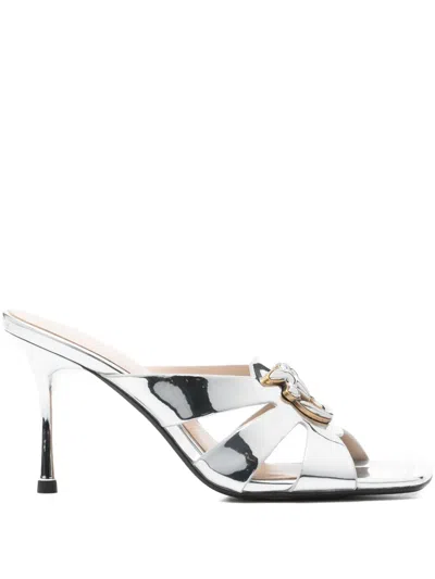 PINKO 85MM METALLIC-LEATHER LOGO-PLAQUE SANDALS