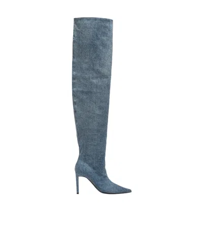 Pinko 90mm Thigh-high Denim Boots In Blue