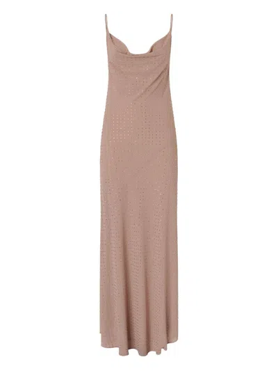 Pinko Beige Long Dress With Draped Neckline And Open Back In Tech Fabric Woman In Gray
