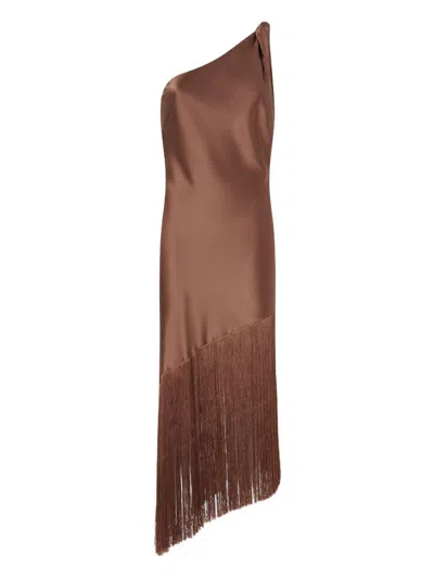 Pinko Brown Dress With Asymmetrical Design And Fringes In Tech Fabric Woman