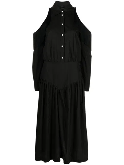 Pinko Cold Shoulder Hazzard Shirt Dress With Fringes In Nero