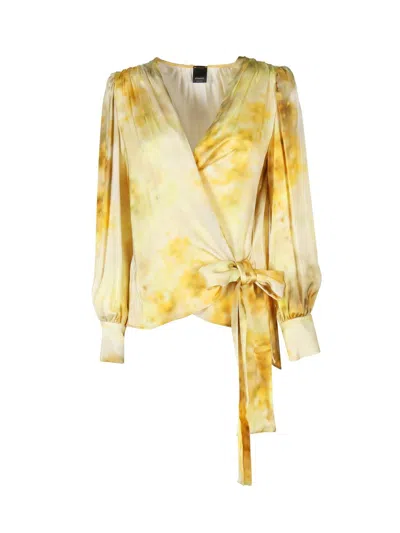 Pinko Abstract-printed High-low Hem Wrap Blouse In Yellow