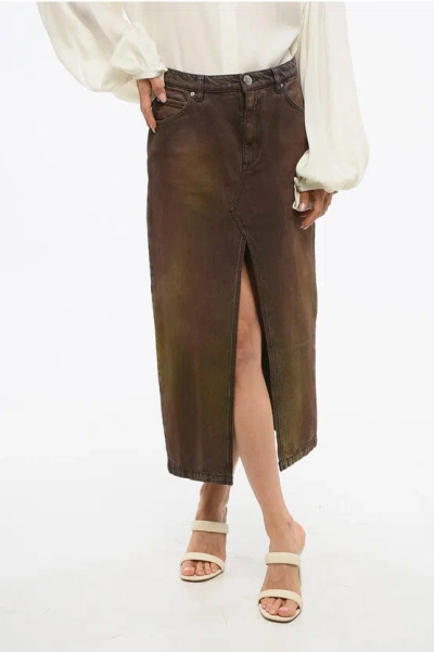 Pinko Acid Wash Effect Denim Ritmo Skirt With Split In Brown