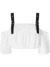 Pinko Cropped Beige Top With Puff Sleeves And Adjustable Straps In White