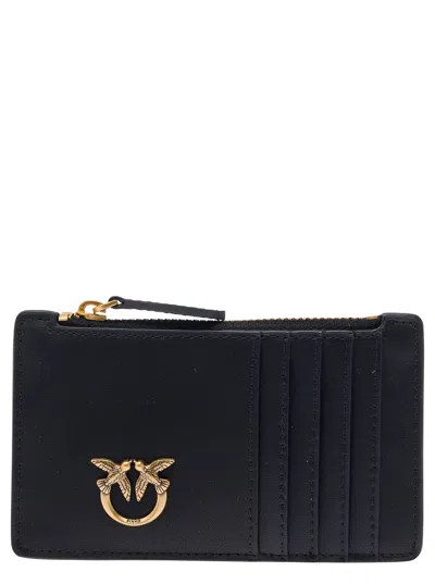 Pinko Airone Black Card-holder With Logo Patch In Leather Woman