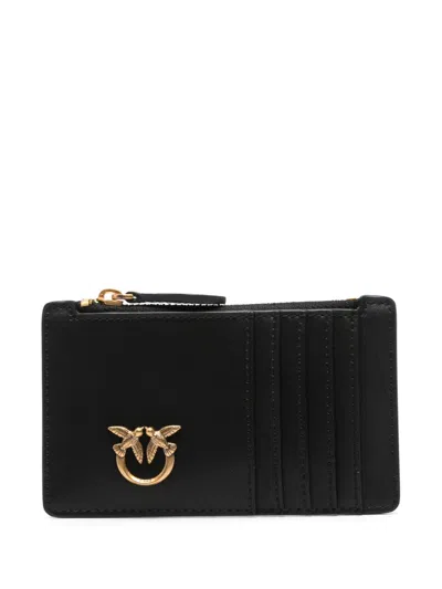 Pinko Airone Black Leather Card Holder With Gold Logo Plaque