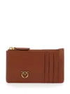 Pinko Airone Brown Card-holder With Logo Patch In Leather Woman