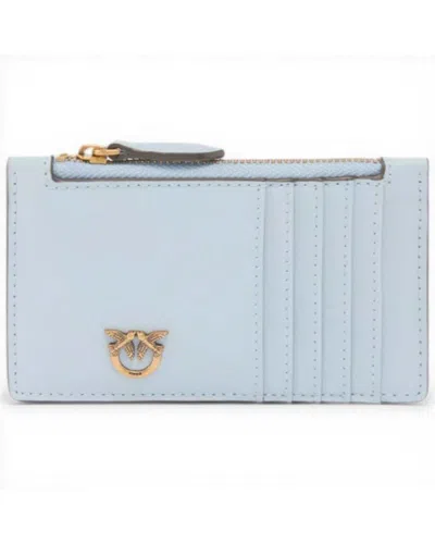 Pinko Airone Cardholder Woman Blue Celeste Leather Silk Hand With Logo Love Birds In Light Blue