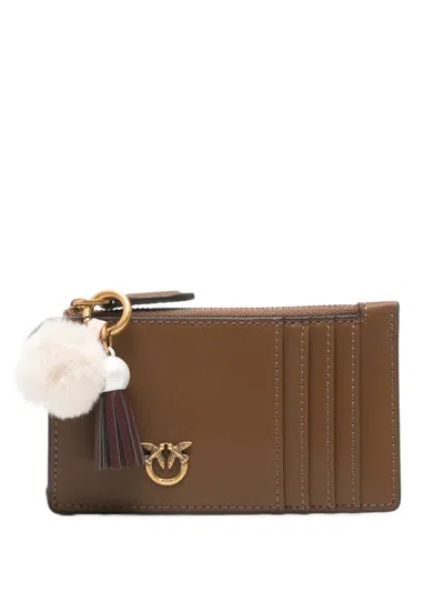 Pinko Airone Love Birds Leather Card Holder In Brown