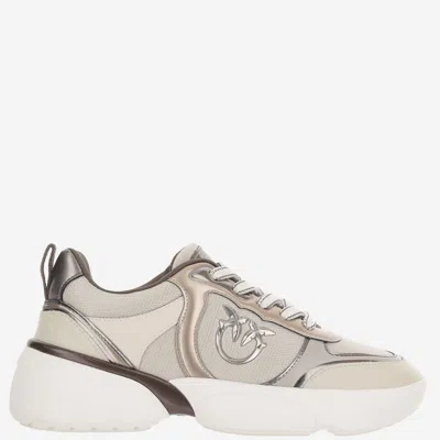 Pinko Beige Calf Leather Bos Taurus Chunky Sneakers In Neutral