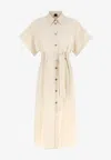 Pinko Button Belted Midi Shirt Dress In White