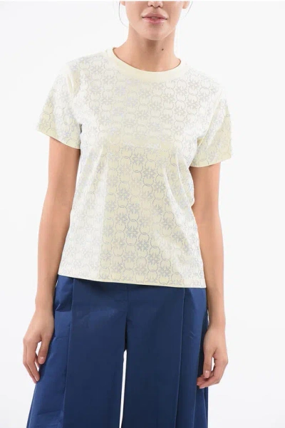Pinko All-over Rhinestone Cotton Quentin Crew-neck T-shirt In White