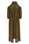 Pinko Long Off-the-shoulder Dress With Beaded Embroidery In Green