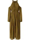 Pinko Long Off-the-shoulder Dress With Beaded Embroidery In Green