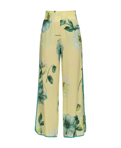 Pinko Allover Rose Printed Wide Leg Pants In Yellow