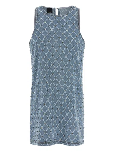 Pinko Amorino Short Dress In Denim With Diamond Pattern And Rhinestones In Blue