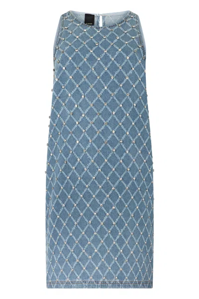 Pinko Amorino Short Dress In Denim With Diamond Pattern And Rhinestones In Blue