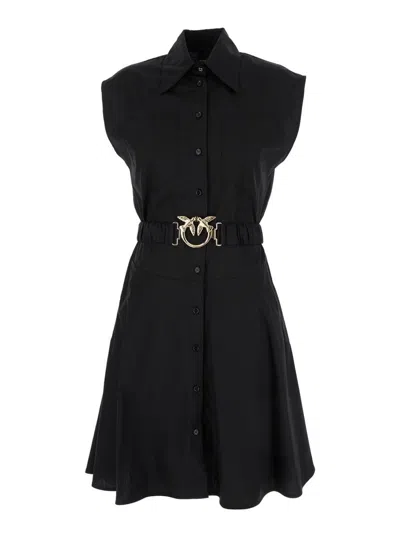 Pinko Black Popeline Mini-dress With Love-bird Belt In Cotton Woman