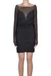 Pinko Fitted Black Dress With Sheer Sleeves And Sweetheart Neckline In Black