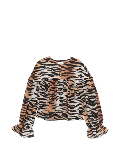 Pinko Kids' Animal-print Ruffled Blouse In Brown