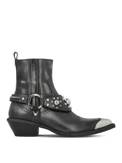 Pinko Texan-style Ankle Boots In Brushed Leather With Metal Toe In Black