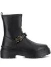 Pinko Rounded Toe Black Leather Ankle Boots With Front Strap In Animal Print