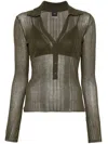 Pinko Ribbed Long-sleeved Top With Deep V-neckline In Green