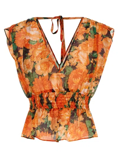 Pinko Arcore V Neck Sleeveless Floral Waist Top In Orange