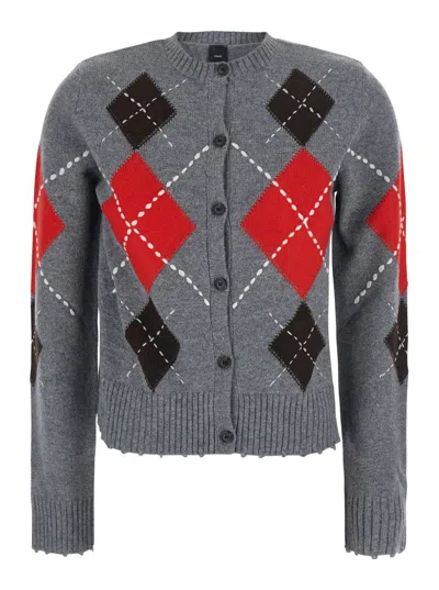Pinko Argyle Knit Cardigan In Grigio/marrone