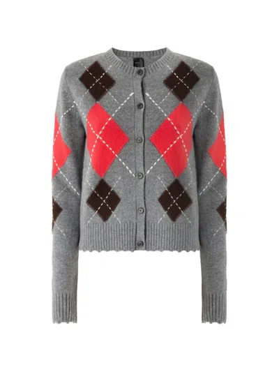 Pinko Argyle-intarsia Button-up Cardigan In Gray