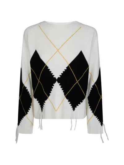 Pinko Cropped Knitted Sweater With Argyle Pattern And Decorative Ties In Multi