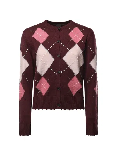 Pinko Argyle-pattern Button-up Cardigan In Burgundy