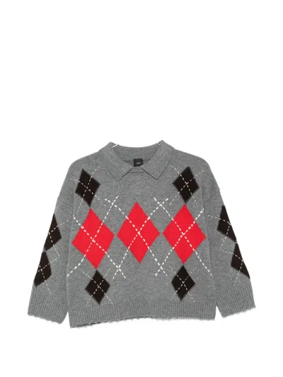 Pinko Argyle-pattern Collared Sweater In Gray