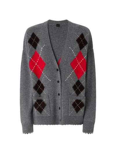 Pinko Argyle-pattern Distressed Cardigan In Gray