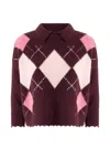 Pinko Argyle-pattern Distressed Sweater In Burgundy