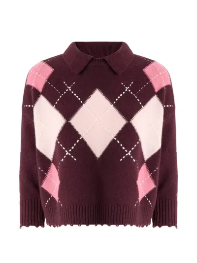 Pinko Argyle-pattern Distressed Sweater In Burgundy