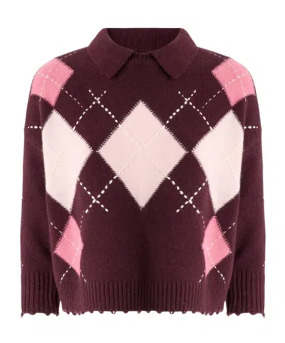 PINKO ARGYLE-PATTERN DISTRESSED SWEATER