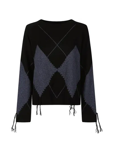Pinko Argyle-pattern Frayed-detail Sweater In Black