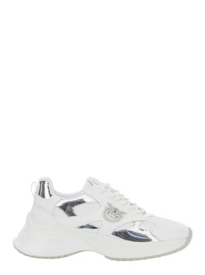 PINKO 'ARIEL 15' WHITE SNEAKERS WITH MIRROR PANELS AND LOGO PATCH ON THE TONGUE