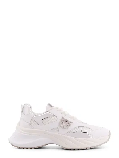 Pinko Ariel Leather Mesh And Leather Sneakers With Love Birds Detail In Yoghurt