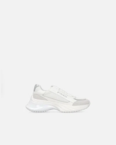 Pinko Ariel Sneakers With Logo And Leather And Suede Details In Bianco/argento