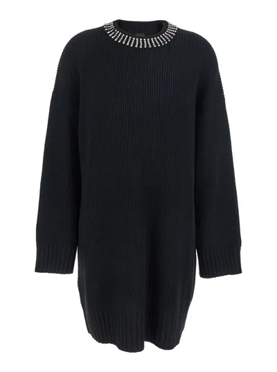 PINKO BLACK DRESS WITH DROPED SHOULDER AND CRYSTAL EMBELLISHMENTS IN CASHMERE WOMAN