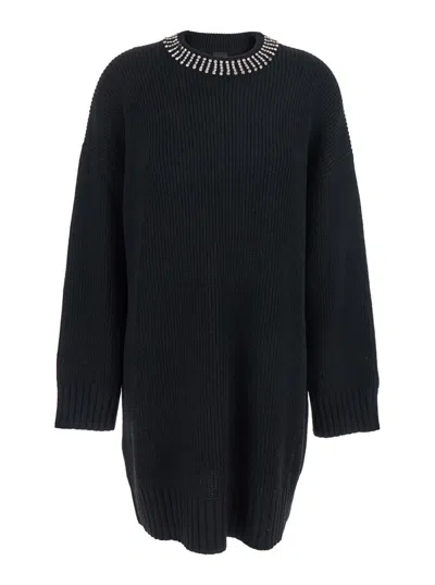 PINKO BLACK DRESS WITH DROPED SHOULDER AND CRYSTAL EMBELLISHMENTS IN CASHMERE WOMAN