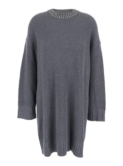 Pinko Embellished-neckline Knit Mini Dress In Gray